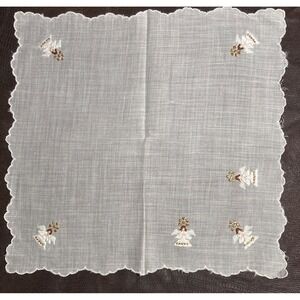 Embroidered White Linen Angel Handkerchief Scalloped Edge